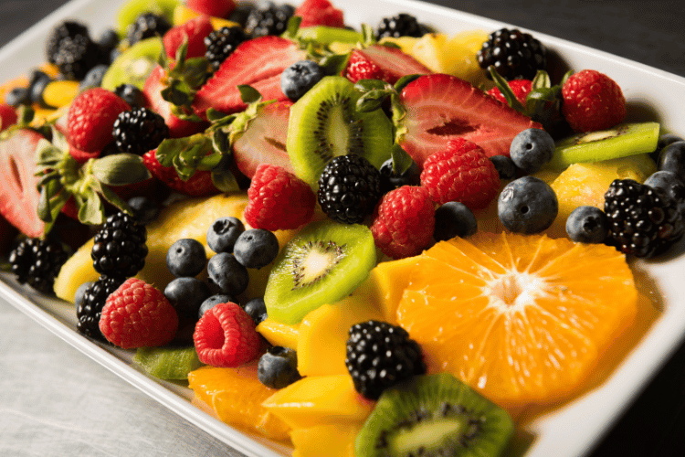 Fresh mixed fruits platter, closeup